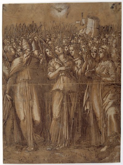 St Ursula med de martyrdøde jomfruer (pen og brunt blæk forstærket med hvid kropsfarve på papir vasket brunt) af Pellegrino (c.1460 1523) Aretusi
