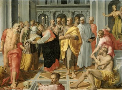 Besøg (Møde mellem Maria og Elizabeth i nærværelse af de hellige Joseph og Hieronymus) af Pellegrino Tibaldi (circle of)
