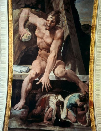 Ulysses og hans ledsagere flygter fra Polyphemus hule. Fresco af Pellegrino Tibaldi