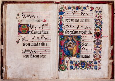 Piccolomini Bibliotek: korbog, torsk. 102,8, ff. 47v-48r med "Nativity", af Pellegrino di Mariano. af Pellegrino di Mariano