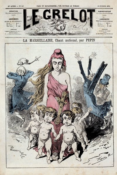 En af ""Klokken"" repræsenterer en allegori af nationalsangen ""La Marseillaise""", der rykker frem, mens de adelige tilstopper deres ører, mens de flygter. Illustration af Pepin. 10/02/1878. Privat samling af Pepin
