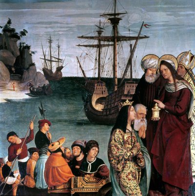 Maria Magdalene går ombord på et skib, fra Sankt Magdalens altertavle af Pera Matas
