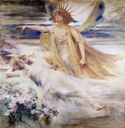 "The Spirit of the New Century" Allegori over det 20. århundrede, der vokser frem af det sovende 19. århundrede. Maleri af Percy Anderson (1851-1928) (prærafaelit) 1900 Privat samling af Percy Anderson