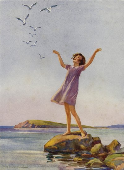 Pige nyder solskinnet ved havet (farve litho) af Percy Bell Hickling