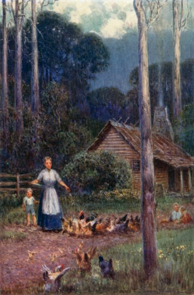 En hytte i bushen (farve litho) af Percy F.S. (after) Spence