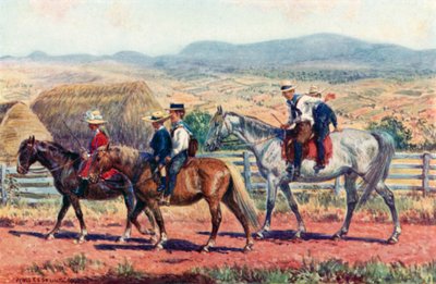Australske børn rider i skole (farve litho) af Percy F.S. (after) Spence