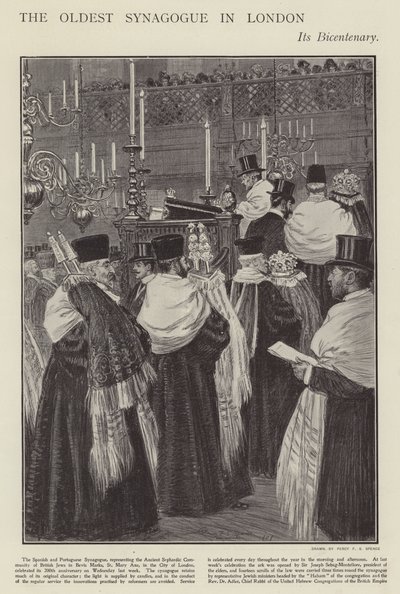 200-årsdagen for den spanske og portugisiske synagoge, den ældste synagoge i London (litho) af Percy F.S. (after) Spence
