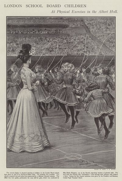 London School Board børn ved fysiske øvelser i Albert Hall (litho) af Percy F.S. (after) Spence