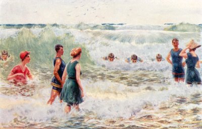 Surfbadning, skydning af breakers (farve litho) af Percy F.S. (after) Spence