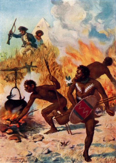 De australske indfødte på Captain Cooks tid (farve litho) af Percy F.S. (after) Spence
