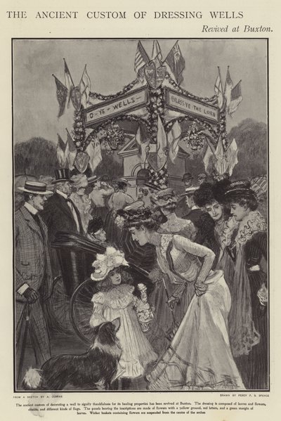 Den gamle skik med at forarbejde brønde genoplivet i Buxton, Derbyshire (litho) af Percy F.S. (after) Spence