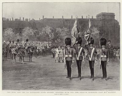 Kongen og 3. bataljon skotske vagter, officerer med de nye farver marcherer forbi Hans Majestæt af Percy F.S. Spence