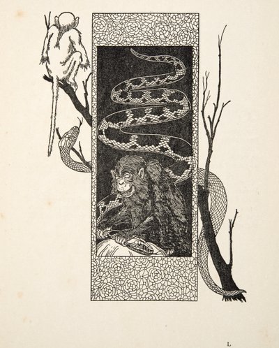 Monkey versus Snake, fra A Hundred Anecdotes of Animals, pub. 1924 af Percy J. Billingshurst