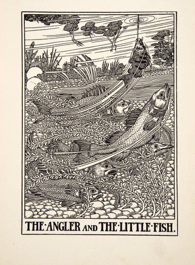 Lystfiskeren og den lille fisk, fra A Hundred Fables of Aesop, pub.1903 (gravering) af Percy J. Billingshurst