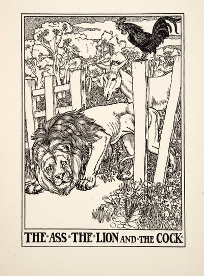 The Ass, the Lion and the Cock, fra A Hundred Fables of Aesop, pub.1903 af Percy J. Billingshurst