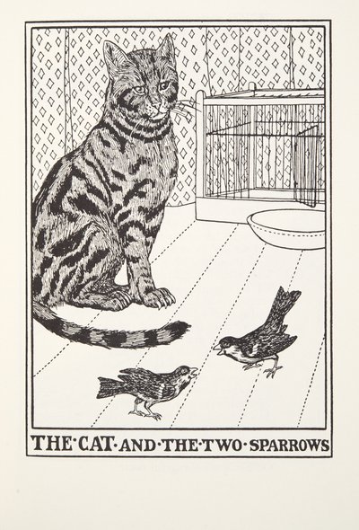 The Cat and the Two Sparrows, fra Fontaine Fables, pub. 1905 af Percy J. Billingshurst