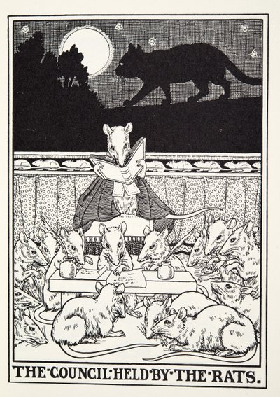 Rådet, der blev afholdt af rotterne, fra Fontaine Fables, pub. 1905 af Percy J. Billingshurst