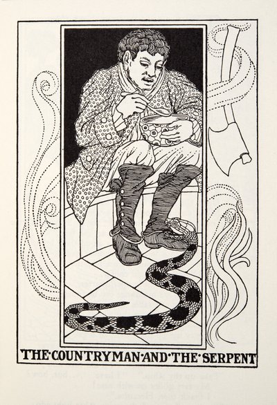 The Countryman and the Serpent, fra Fontaine Fables, pub. 1905 af Percy J. Billingshurst