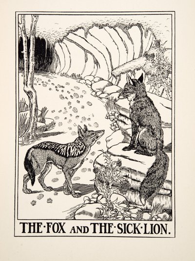 The Fox and the Sick Lion, fra A Hundred Fables of Aesop, pub.1903 (gravering) af Percy J. Billingshurst