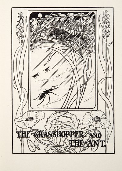 Græshoppen og myren, fra Fontaine Fables, pub. 1905 af Percy J. Billingshurst