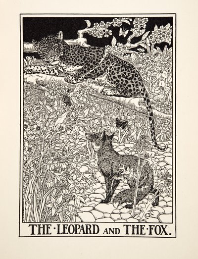 Leoparden og ræven, fra Æsops hundrede fabler, udg. 1903 af Percy J. Billingshurst