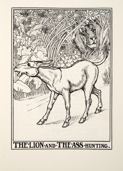 The Lion and The Ass Hunting, fra Fontaine Fables, pub. 1905 af Percy J. Billingshurst