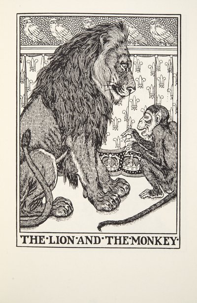 Løven og aben, fra Fontaine Fables, pub. 1905 af Percy J. Billingshurst