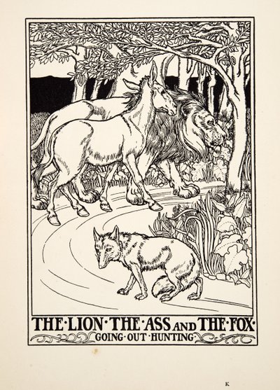 Løven, æslet og ræven går på jagt, fra A Hundred Fables of Aesop, pub.1903 (gravering) af Percy J. Billingshurst