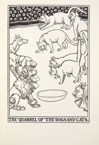 The Quarrel of the Dogs and Cats, fra Fontaine Fables, pub. 1905 af Percy J. Billingshurst