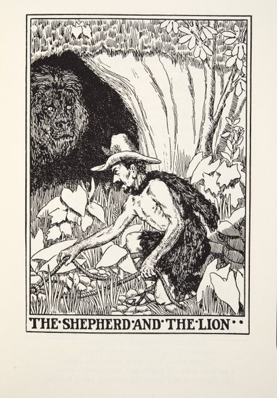 Hyrden og Løven, fra Fontaine Fables, pub. 1905 af Percy J. Billingshurst