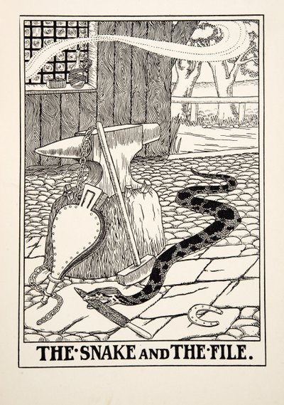 The Snake and the File, fra A Hundred Fables of Aesop, pub.1903 (gravering) af Percy J. Billingshurst