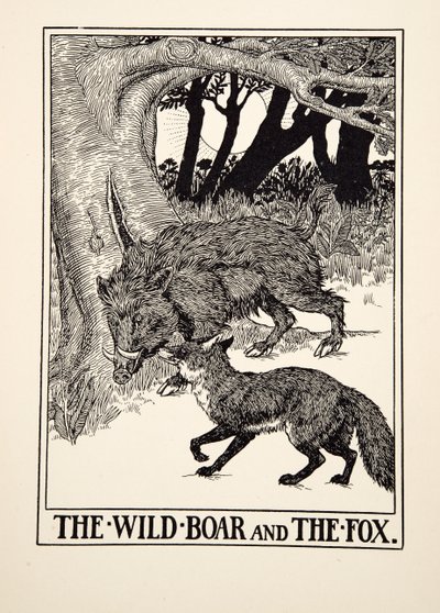The Wild Boar and the Fox, fra A Hundred Fables of Aesop, pub.1903 (gravering) af Percy J. Billingshurst