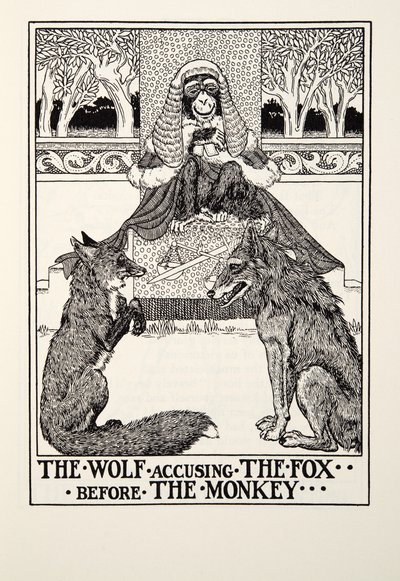 The Wolf, der anklager ræven før aben, fra Fontaine Fables, pub. 1905 af Percy J. Billingshurst