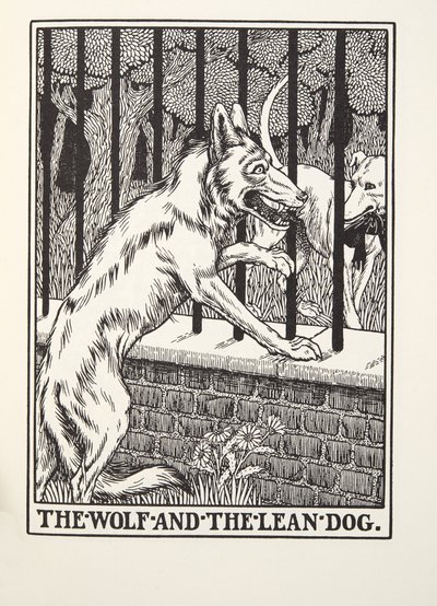 The Wolf and the Lean Dog, fra Fontaine Fables, pub. 1905 (gravering) af Percy J. Billingshurst