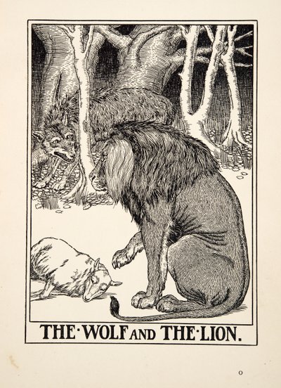 The Wolf and the Lion, fra A Hundred Fables of Aesop, pub.1903 (gravering) af Percy J. Billingshurst