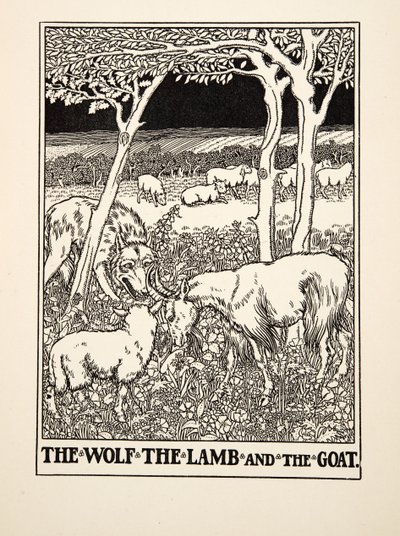 The Wolf, the Lamb and the Goat, fra A Hundred Fables of Aesop, pub.1903 (gravering) af Percy J. Billingshurst