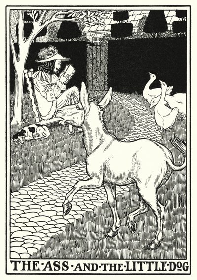 Fables of La Fontaine: Æslet og den lille hund (litho) af Percy James Billinghurst