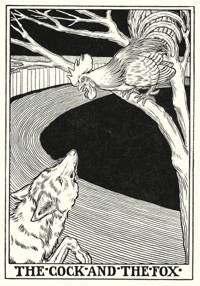 Fabler fra La Fontaine: Hanen og ræven (litho) af Percy James Billinghurst