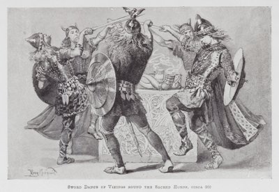 Dans: Vikingernes sværddans rundt om de hellige horn, omkring 900 (litho) af Percy Macquoid