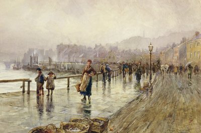En våd dag i Whitby (akvarel på papir) af Percy Robertson