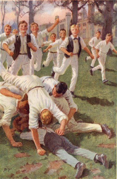 De to skynder sig sammen og kaster sig på bolden (farve litho) af Percy Tarrant