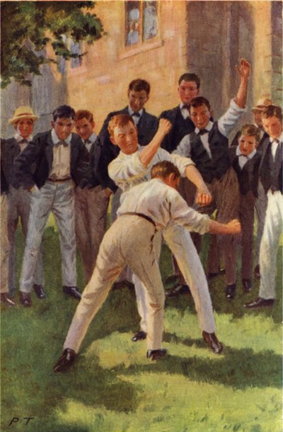 Tom går ind og slår to tunge kropsslag (farve litho) af Percy Tarrant