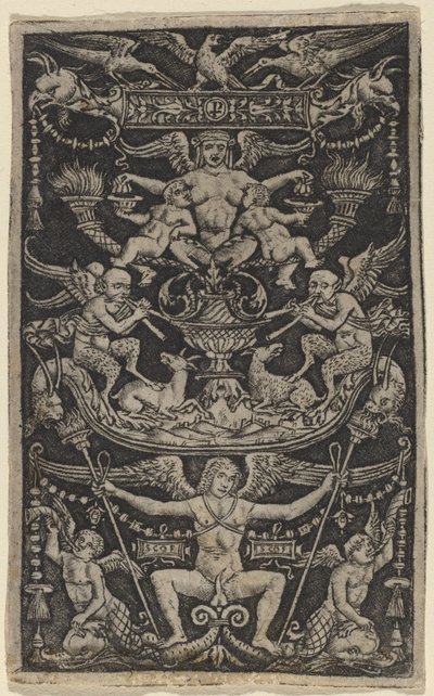 Panel af ornament med en satyrinde, der fodrer to børn af Peregrino da Cesena