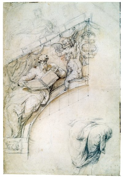 Udsmykning af en væg over en indgangsbue med en profet og to Puttos, c1525 af Perino del Vaga