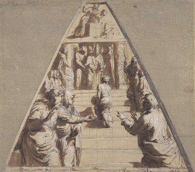 Præsentation af Jomfruen i templet nedenfor, Abraham ved at ofre Isak ovenfor, 1520. af Perino del Vaga