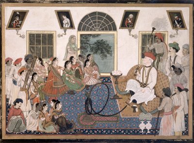 En europæer, sandsynligvis Sir David Ochterlony (1758-1825), i indisk kjole, der ryger vandpibe og ser en nautch i sit hus i Delhi, ca. 1820 (blæk og farve på papir) af Persian School