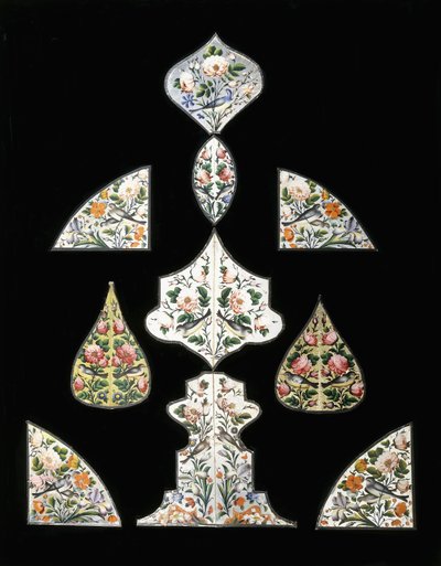En gruppe på ti Qajar spejlmalerier, dekoreret med forskellige blomster og siddende fugle, tidligt i det 19. århundrede af Persian School