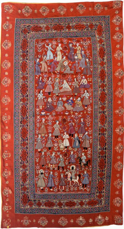 Et broderet ophæng af rødt uld-ansigtsklæde med rækker af figurer, der fortæller Josefs liv af Persian School