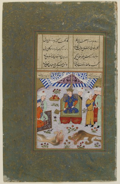 Bahram Gur troner efter at have dræbt løverne, ca. 1490 (uigennemsigtig akvarel, blæk og guld på papir) af Persian School