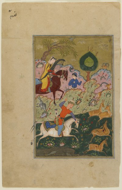 Bahram Gur jager med Azada, fra en Khamsa, ca. 1580 af Persian School